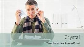  Presentation with temperature - PPT theme featuring sick man taking his temperature in his office background and a mint green colored foreground