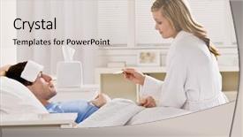  Presentation with fever - Beautiful PPT layouts featuring sick man with fever laying in bed having temperature taken with thermometer backdrop and a light gray colored foreground