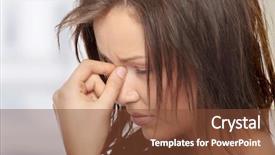  Presentation with hand holding pencil - Theme with sick patient - woman with headache holding her background and a tawny brown colored foreground