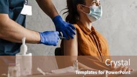  Presentation with medical vaccine - Beautiful PPT theme featuring sick-woman-in-medical-mask backdrop and a tawny brown colored foreground