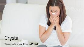  Presentation with sneezing - PPT layouts featuring sick woman sneezing on sofa background and a light gray colored foreground