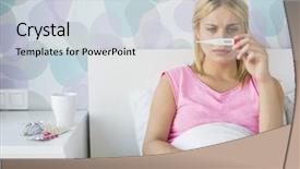  Presentation with temperature - Slide set with sick young woman taking temperature with thermometer in bed background and a lemonade colored foreground