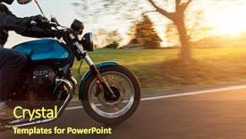  Presentation with motorcycle - Colorful presentation theme enhanced with side detail - motorcycle driver riding in european backdrop and a tawny brown colored foreground