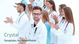  Presentation with group - Audience pleasing presentation theme consisting of side-view-a-group backdrop and a cool aqua colored foreground