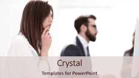  Presentation with desk - Slides consisting of side view business woman sitting background and a  colored foreground