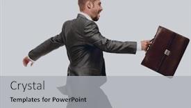  Presentation with stepping - Cool new PPT theme with side view cheerful businessman with briefcase stepping forward backdrop and a light gray colored foreground
