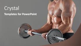  Presentation with barbell - Presentation theme consisting of side view cropped image of a muscular strong shirtless male bodybuilder doing exercises with a barbell isolated over gray background background and a gray colored foreground