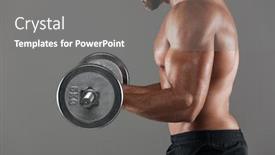  Presentation with barbell - Slide set featuring side view cropped image of a muscular strong shirtless male bodybuilder doing exercises with a barbell isolated over gray background background and a gray colored foreground
