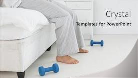  Presentation with pajama - Presentation design with side view low section of a young man in pajama lying in bed at a bright home background and a light gray colored foreground