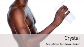  Presentation with protein - Amazing PPT theme having side view mid section of a sporty young man holding protein drink over white background backdrop and a light gray colored foreground