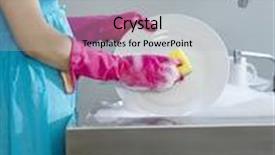  Presentation with rubber gloves - PPT theme enhanced with side view midsection of a woman in blue dress and rubber gloves washing dishes background and a light gray colored foreground