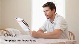  Presentation with reading table - Colorful PPT theme enhanced with side view of a concentrated young man reading newspaper at table backdrop and a coral colored foreground