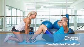 Presentation with abdominal - Audience pleasing PPT layouts consisting of side view of a female trainer assisting young man with abdominal crunches at fitness studio backdrop and a teal colored foreground
