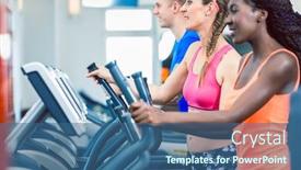  Presentation with treadmill - Presentation theme having side view of a fit happy woman and her training group on treadmill in the gym background and a ocean colored foreground