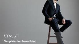  Presentation with navy - Audience pleasing presentation design consisting of side view of a gorgeous formal business man wearing a navy suit and sunglasses sitting with one leg resting on a chair and one hand in pocket while looking ahead optimistic on gray studio background backdrop and a gray colored foreground