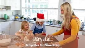  Presentation with gingerbread man - Amazing presentation design having side view of a happy young caucasian mother with her young daughter and son in their kitchen at christmas time making cookies mum holding a baking tray with cooked gingerbread man cookies on it her backdrop and a coral colored foreground