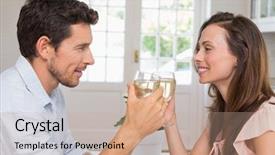  Presentation with toasting - Slide deck featuring side view of a loving young couple toasting wine glasses at home background and a coral colored foreground