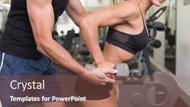  Presentation with trainer - Presentation with side view of a male trainer assisting woman with dumbbell in the gym background and a violet colored foreground