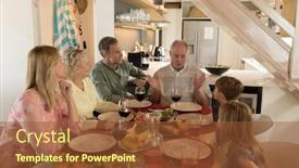  Presentation with dining table - Slide deck consisting of side view of a multi-generation family interacting with each other while having meal on dining table at home background and a tawny brown colored foreground
