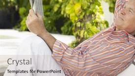  Presentation with lounge - Beautiful PPT theme featuring side view of a relaxed mature man reclining on lounge chair and reading newspaper backdrop and a mint green colored foreground