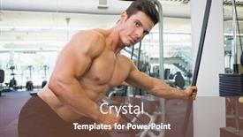  Presentation with resistance - Beautiful PPT theme featuring side view of a shirtless young muscular man using resistance band in gym backdrop and a tawny brown colored foreground