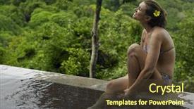  Presentation with pool side - Colorful presentation theme enhanced with side view of a smiling bikini woman by swimming pool and against trees backdrop and a tawny brown colored foreground