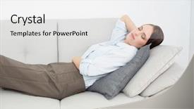 Presentation with healthy workplace full length side view - Colorful PPT theme enhanced with side view of a well dressed young woman sleeping on sofa at home backdrop and a white colored foreground