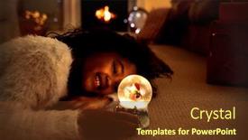  Presentation with girl christmas - Amazing presentation having side view of a young mixed race girl in her sitting room at christmas lying on the floor smiling and looking at a snow globe backdrop and a tawny brown colored foreground
