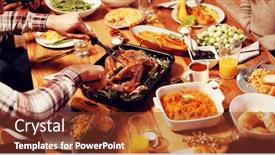  Presentation with thanksgiving dinner - Presentation design having side view of a young mixed race man sitting at a table for thanksgiving dinner at home with friends carving the turkey background and a tawny brown colored foreground