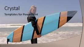  Presentation with female - Slide deck consisting of active senior female surfer standing background and a light blue colored foreground