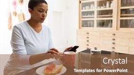  Presentation with dining table - Slides having side view of african american woman using mobile phone while having coffee on a dining table at kitchen background and a coral colored foreground