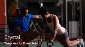  Presentation with ball sports - PPT layouts featuring side view of an african-american woman doing push ups with ball weights and an african-american man assisting her inside a room at a sports centre background and a wine colored foreground