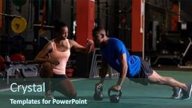  Presentation with ball sports - Colorful slide deck enhanced with side view of an african-american man doing push ups with ball weights and an african-american woman assisting him inside a room at a sports centre backdrop and a ocean colored foreground