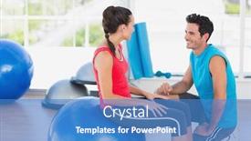  Presentation with gym ball - Beautiful slide set featuring side view of an instructor and woman with exercise ball at a bright gym backdrop and a teal colored foreground