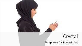  Presentation with cheerful stylish city girl using - Theme enhanced with side view of arabian girl background and a white colored foreground