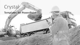 Presentation with walkie talkie - PPT theme featuring side view of architect using walkie-talkie while working at construction site background and a white colored foreground