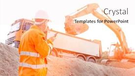  Presentation with walkie talkie - PPT theme having side view of architect using walkie-talkie while working at construction site background and a sky blue colored foreground