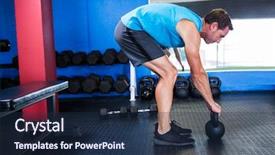  Presentation with healthy workplace full length side view - Slide set with side view of athlete with kettlebell while exercising in gym background and a navy blue colored foreground