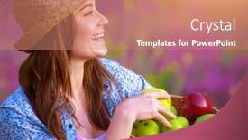  Presentation with light pink - Amazing PPT theme having side view of attractive cheerful female holding in hands basket with apples fresh ripe fruits sunset light pink floral field harvest season backdrop and a coral colored foreground