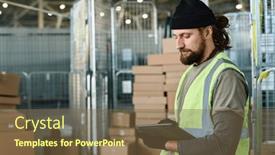  Presentation with warehouse - PPT theme with side-view-of-bearded-worker and a  colored foreground