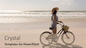  Presentation with sunshine - Amazing PPT layouts having side view of beautiful young woman with bicycle walking on beach in the sunshine backdrop and a coral colored foreground