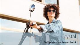  Presentation with motobike - Amazing slide set having side view of beauty smiling curly woman in sunglasses sitting on modern motobike outdoors and looking away backdrop and a light blue colored foreground