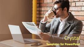  Presentation with newspaper laptop - Audience pleasing PPT theme consisting of side view of business man in eyeglasses sitting by the table in cafe with laptop computer and smartphone while drinking coffee and reading newspaper backdrop and a tawny brown colored foreground