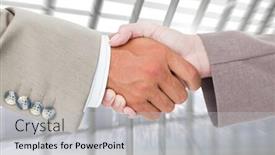  Presentation with peoples - Audience pleasing PPT layouts consisting of side view of business peoples hands shaking against room with large window looking on city backdrop and a light gray colored foreground