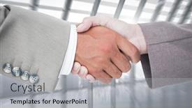  Presentation with peoples - Theme featuring side view of business peoples hands shaking against room with large window looking on city background and a light gray colored foreground