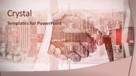  Presentation with peoples - PPT layouts featuring side view of business peoples hands shaking against room with large window looking on city background and a lemonade colored foreground