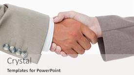  Presentation with peoples - Theme having side view of business peoples hands shaking against a white background background and a light gray colored foreground