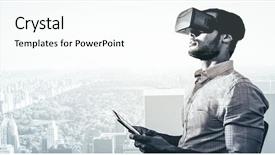  Presentation with new york - Beautiful PPT theme featuring side view of businessman holding virtual glasses and tablet computer against new york backdrop and a white colored foreground