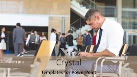  Presentation with office chair - Amazing slides having side view of caucasian businessman sitting on chair and using laptop in conference room at office backdrop and a coral colored foreground