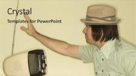  Presentation with old television set - Beautiful slide deck featuring side view of caucasian mid-adult man wearing hat sitting at 50's retro dinette set adjusting old television antenna backdrop and a lemonade colored foreground